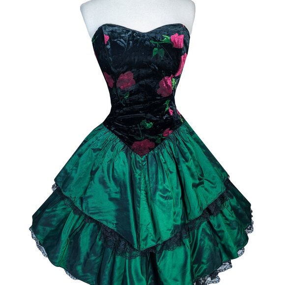 Vintage 80s CORSET Rose Floral Black Velvet Strapless Green Prom Party Dress S - Picture 5 of 16